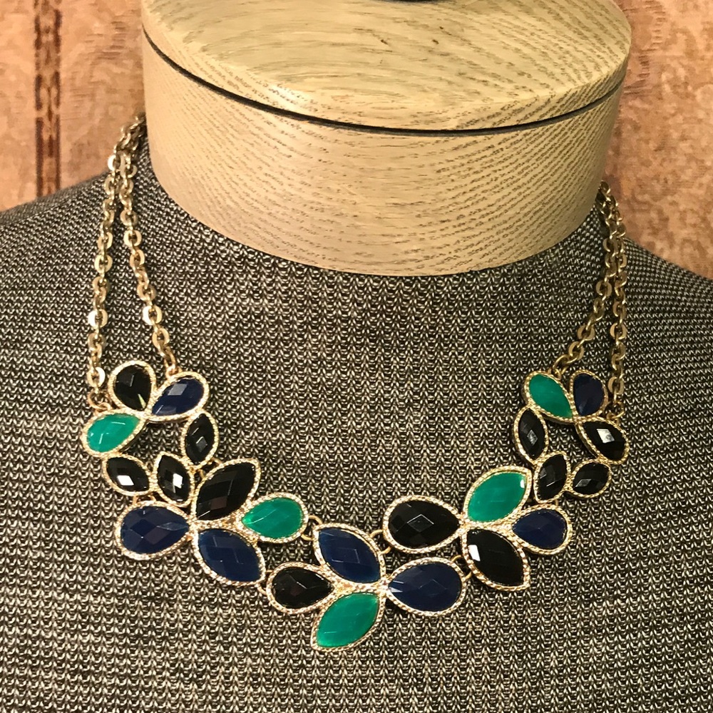Blue, multi-colored, Flower statement necklace.